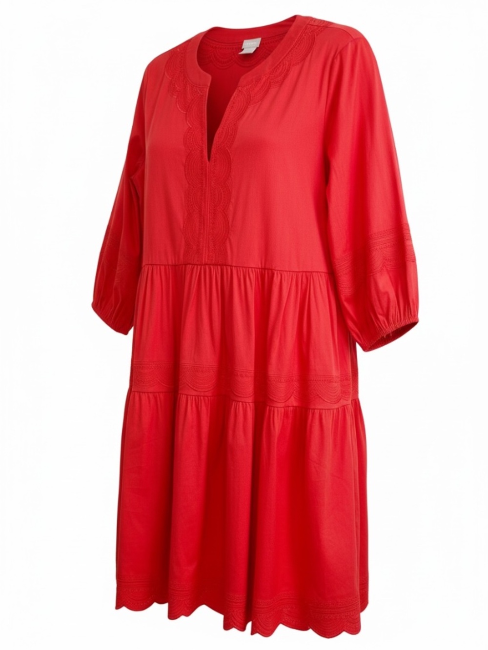 Chico's Embroided Tiered Sateen Dress in Scarlet Flame Sz 12/14